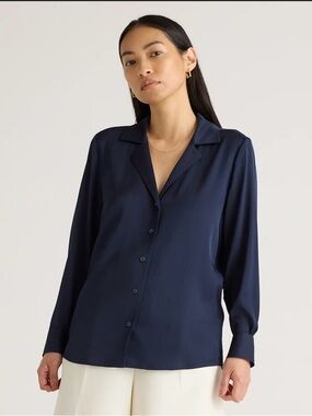 Quince Washable Silk Navy Button-Down Long-Sleeve Blouse Size Medium